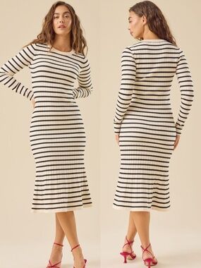 NEW HYFVE Cream Striped Ribbed Midi Sweater Dress Flared Hem Size Medium